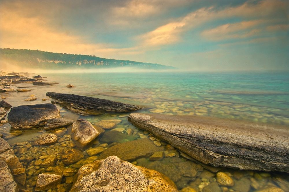 Canada-Ontario-Morning fog on Georgian Bay Limestone Rock Barrow Bay Bruce Peninsula